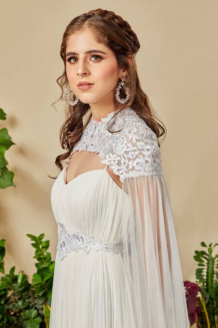 Shop Asra White Net, Georgette Gown Scoop Neck Gathered With Cape Online at Aza Fashions Shop_Asra_White Net, Georgette Gown Scoop Neck Gathered With Cape _Online_at_Aza_Fashions