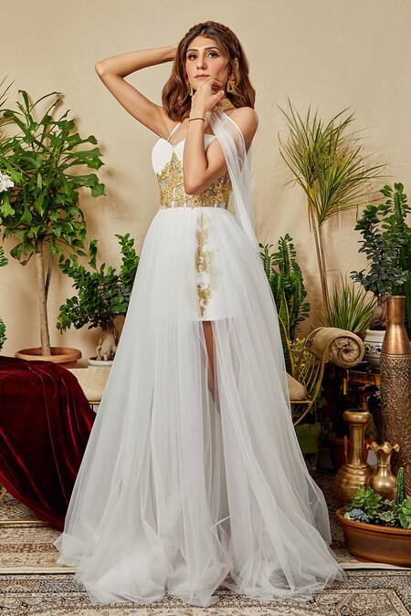 Asra_White Silk, Net, Crepe Scoop Neck Layered Gown With Cape _Online_at_Aza_Fashions