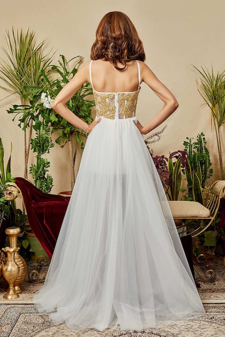 Buy_Asra_White Silk, Net, Crepe Scoop Neck Layered Gown With Cape _Online_at_Aza_Fashions