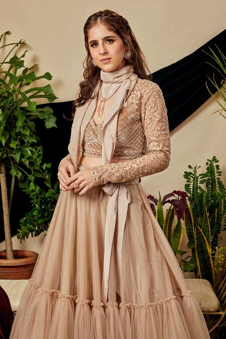 Shop Asra Beige Net, Velvet, Crepe V Neck Tiered Lehenga Set Online at Aza Fashions Shop_Asra_Beige Net, Velvet, Crepe V Neck Tiered Lehenga Set _Online_at_Aza_Fashions