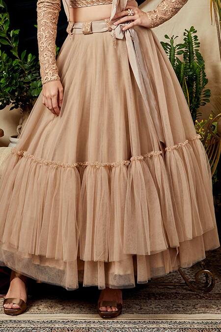 Asra Beige Net, Velvet, Crepe V Neck Tiered Lehenga Set at Aza Fashions Asra_Beige Net, Velvet, Crepe V Neck Tiered Lehenga Set _at_Aza_Fashions