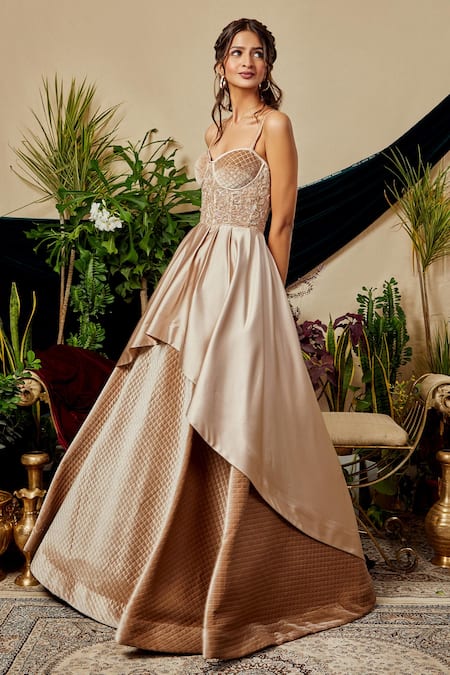 Buy Asra Beige Velvet, Satin Embroidered Sweetheart Neck Layered Quilted Gown Online at Aza Fashions Buy_Asra_Beige Velvet, Satin Embroidered Sweetheart Neck Layered Quilted Gown _Online_at_Aza_Fashions