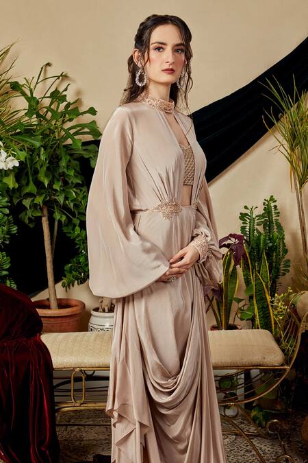 Buy_Asra_Beige Net, Velvet, Italian Crepe Round Draped Gown _Online_at_Aza_Fashions