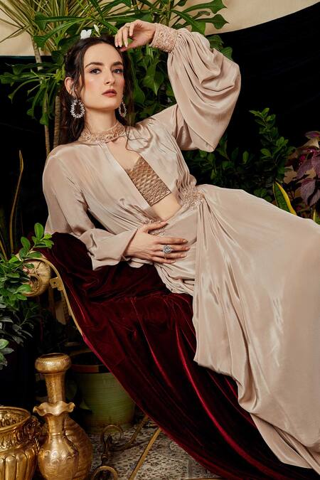 Shop_Asra_Beige Net, Velvet, Italian Crepe Round Draped Gown _Online_at_Aza_Fashions