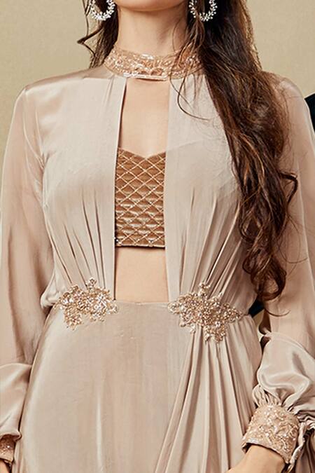 Asra Beige Net, Velvet, Italian Crepe Round Draped Gown at Aza Fashions Asra_Beige Net, Velvet, Italian Crepe Round Draped Gown _at_Aza_Fashions