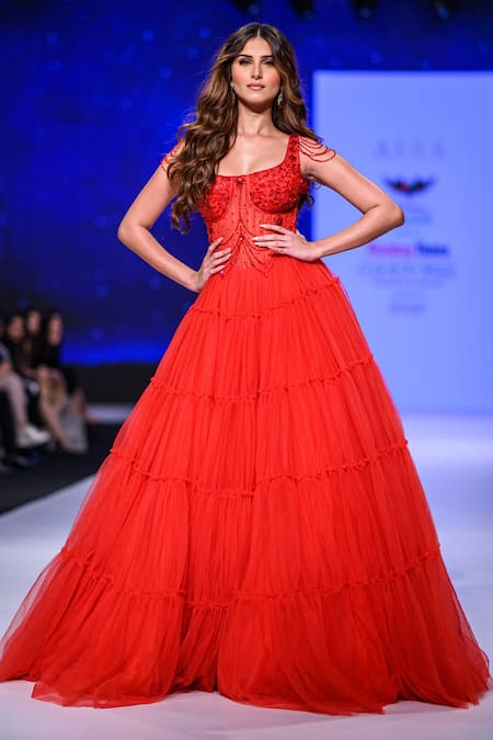 Asra Red Net Embellished Square Neck Gown 