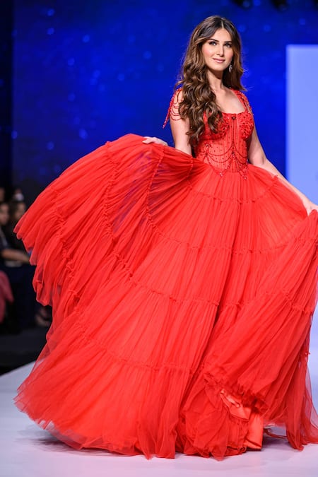 Shop_Asra_Red Net Embellished Square Neck Gown _Online_at_Aza_Fashions