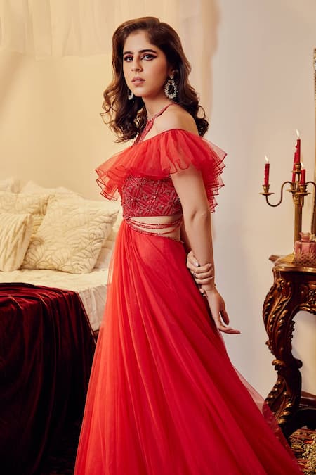 Buy Red Net Embellished Sweetheart Neck Peplum Gown For Women by Asra  Online at Aza Fashions.