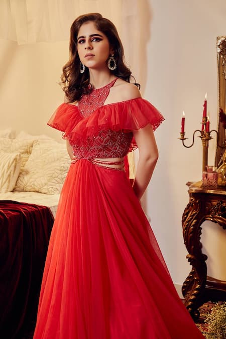 Buy_Asra_Red Net Embellished Round Ruffle Gown _Online_at_Aza_Fashions