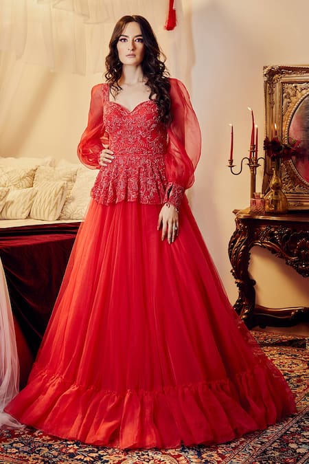 Asra - Red Net Embellished Sweetheart Neck Peplum Gown For Women