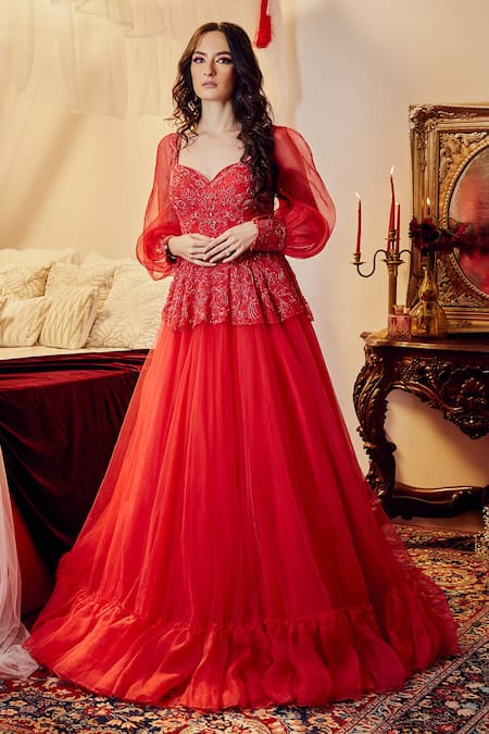 Designer Red Net ready to wear gown – DMV15001
