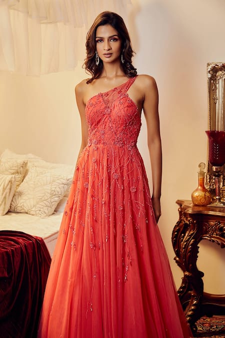 Shop Asra Red Net Embellished Asymmetric Gown at Aza Fashions Shop_Asra_Red Net Embellished Asymmetric Gown _at_Aza_Fashions