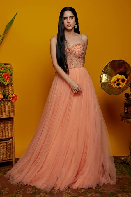 A-line Peach Tulle Prom Dresses Off the Shoulder Long Formal Dress 674 –  Viniodress