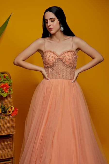 Asra_Peach Net Embellished Sweetheart Neck Gown_Online_at_Aza_Fashions