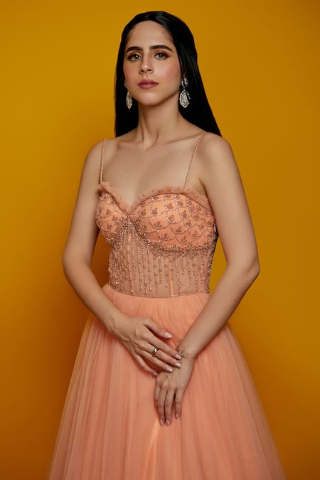 Asra_Peach Net Embellished Sweetheart Neck Gown_at_Aza_Fashions
