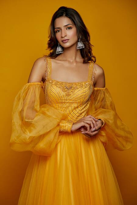 Buy_Asra_Yellow Net Embellished Square Neck Cold Shoulder Gown _Online_at_Aza_Fashions
