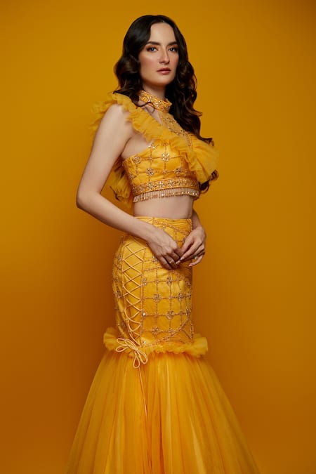 Buy_Asra_Yellow Net Embellished High Lehenga Set_Online_at_Aza_Fashions