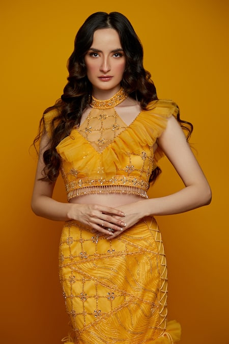 Shop_Asra_Yellow Net Embellished High Lehenga Set_Online_at_Aza_Fashions