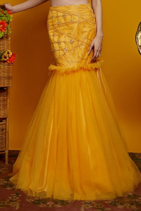 Asra_Yellow Net Embellished High Lehenga Set_at_Aza_Fashions