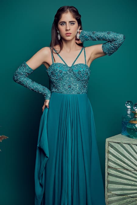 Buy_Asra_Green Net And Georgette Embellished Sweetheart Neck Gown _Online_at_Aza_Fashions