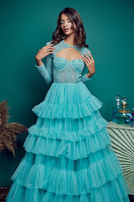 Asra_Green Net Embellished Round Gown_Online_at_Aza_Fashions