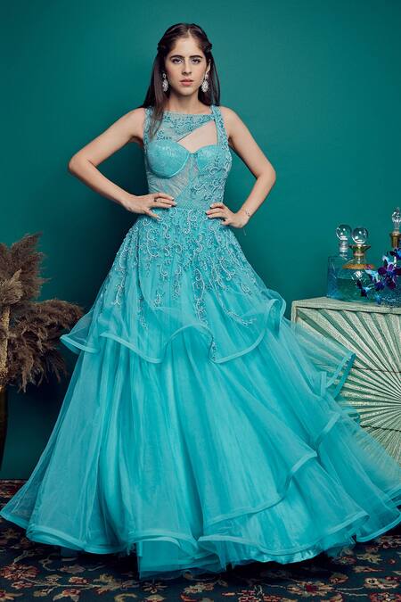 Marvelous Green and Sky Blue Colored Designer Gown, Anarkali salwar kameez  | online shopping | Anarkali dresses online