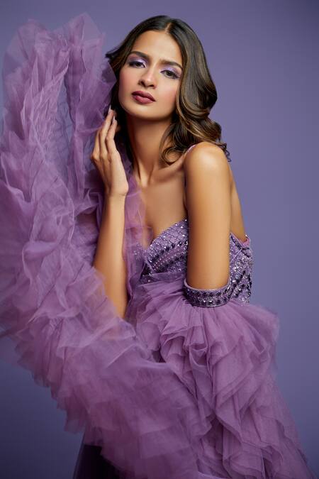 Asra_Purple Net Embroidered One Shoulder CorSet off Gown _at_Aza_Fashions