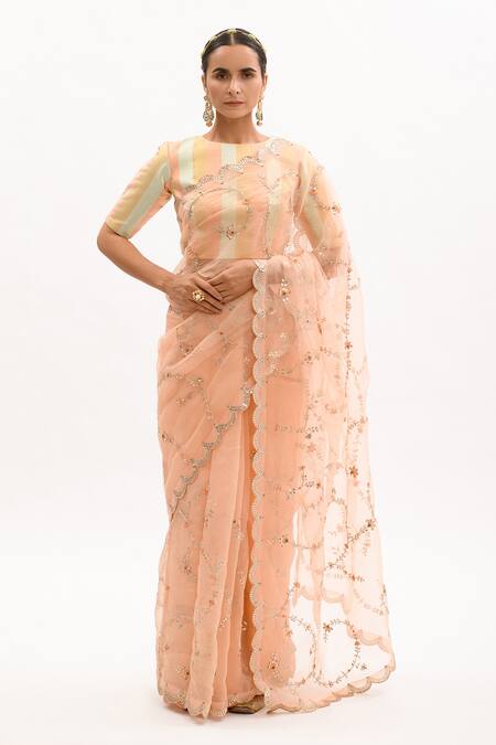 Aarti Sethia_Peach Pure Handloom Silk Lining Cotton Crew Neck Striped Blouse _Online_at_Aza_Fashions