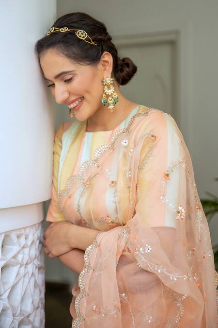 Buy_Aarti Sethia_Peach Pure Handloom Silk Lining Cotton Crew Neck Striped Blouse _Online_at_Aza_Fashions