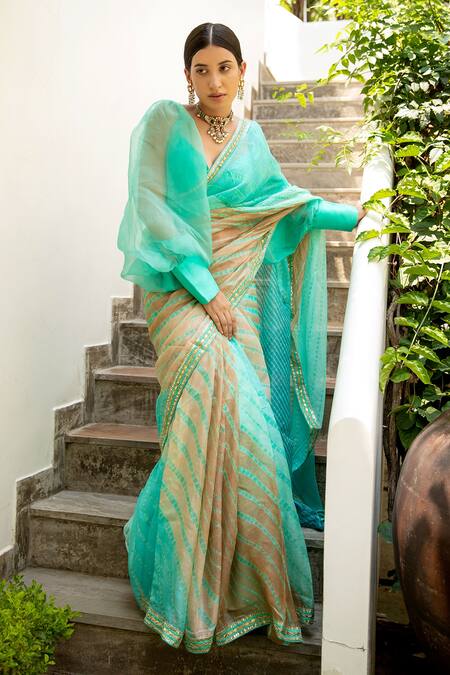 Aarti Sethia Green Pure Silk Organza Lining Cotton V Neck Puff Sleeves Blouse Online at Aza Fashions Aarti Sethia_Green Pure Silk Organza Lining Cotton V Neck Puff Sleeves Blouse _Online_at_Aza_Fashions