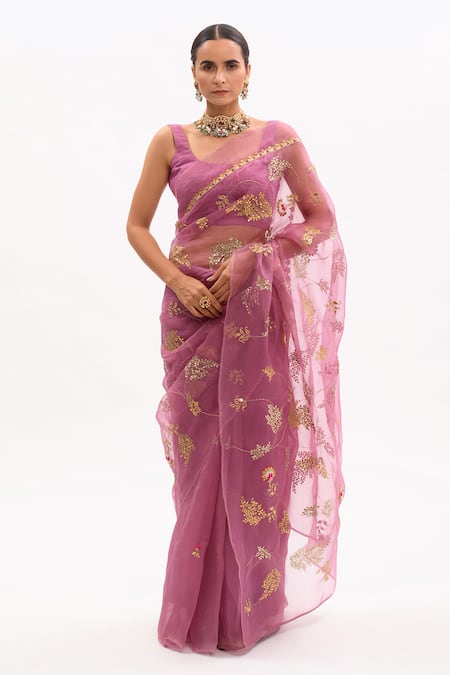 Buy_Aarti Sethia_Purple Modal Satin Lining Cotton, Raw Embroidered Saree With Blouse _Online_at_Aza_Fashions