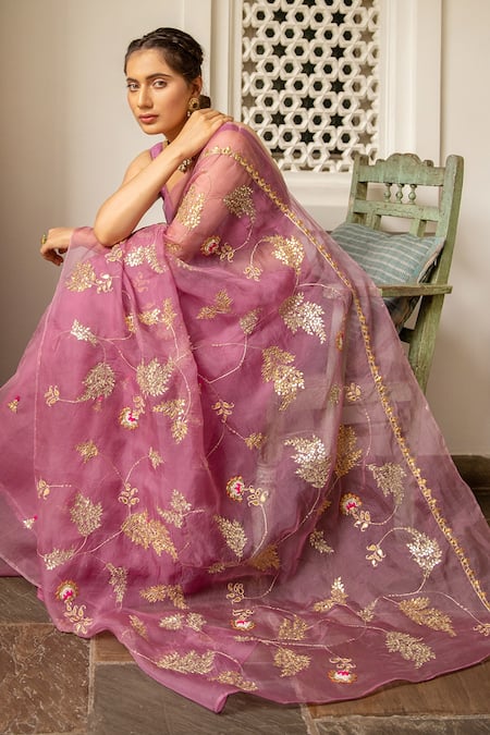 Shop_Aarti Sethia_Purple Modal Satin Lining Cotton, Raw Embroidered Saree With Blouse _Online_at_Aza_Fashions