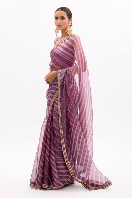 Aarti Sethia_Purple Pure Kota Tussar Silk Leheriya Saree With Blouse _Online_at_Aza_Fashions