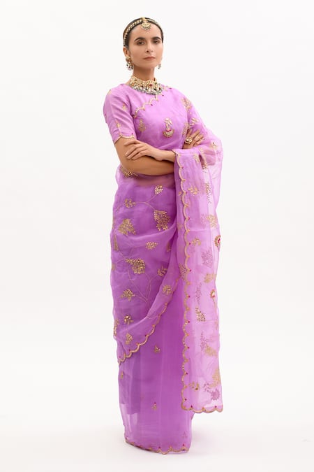 Aarti Sethia_Purple Pure Silk Organza Embellished Round Embroidered Saree With Blouse _Online_at_Aza_Fashions
