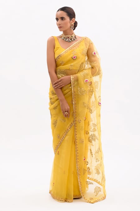 Buy_Aarti Sethia_Yellow Modal Satin Lining Cotton, Gota Embroidered Saree With Blouse _Online_at_Aza_Fashions
