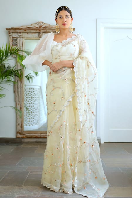 Aarti Sethia Studio White Pure Silk Organza Gota Embroidered Saree With Blouse 