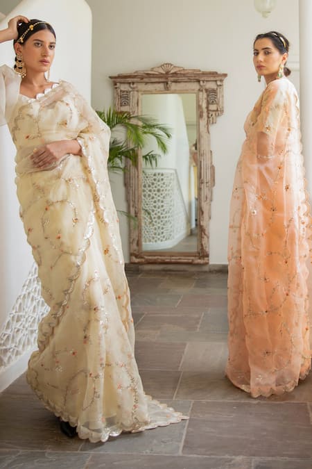 Buy_Aarti Sethia_White Pure Silk Organza Gota Embroidered Saree With Blouse _Online_at_Aza_Fashions