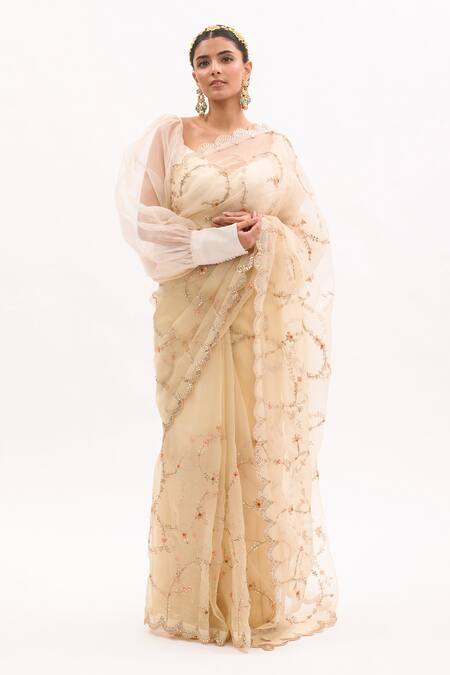 Shop_Aarti Sethia_White Pure Silk Organza Gota Embroidered Saree With Blouse _Online_at_Aza_Fashions