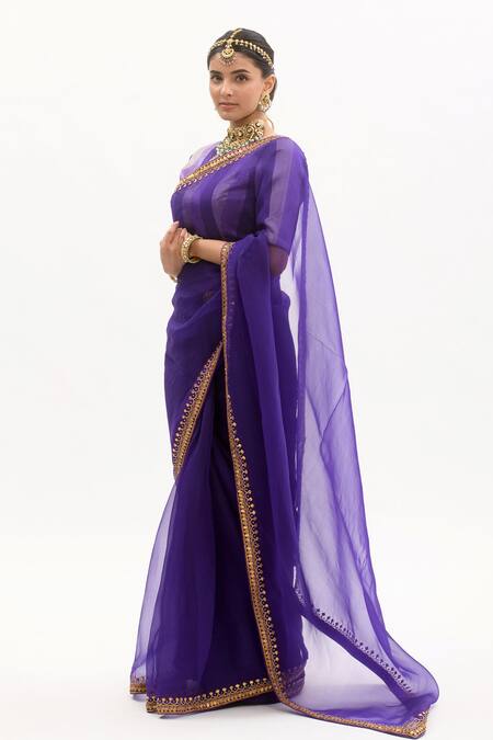 Aarti Sethia_Purple Handloom Silk, Modal Satin Gota Patti Saree With Blouse _Online_at_Aza_Fashions