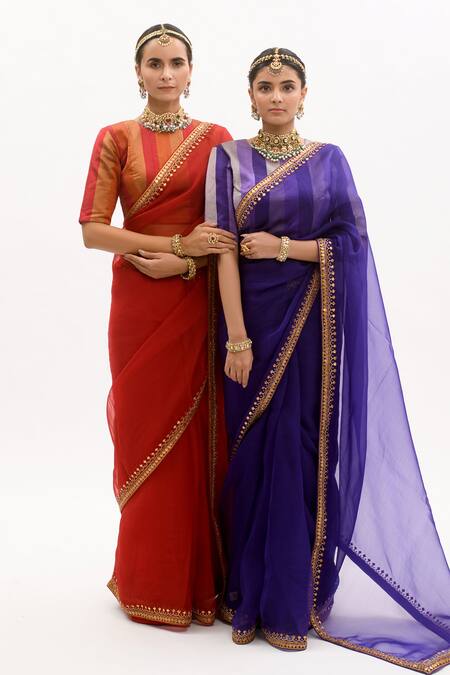 Buy_Aarti Sethia_Purple Handloom Silk, Modal Satin Gota Patti Saree With Blouse _Online_at_Aza_Fashions
