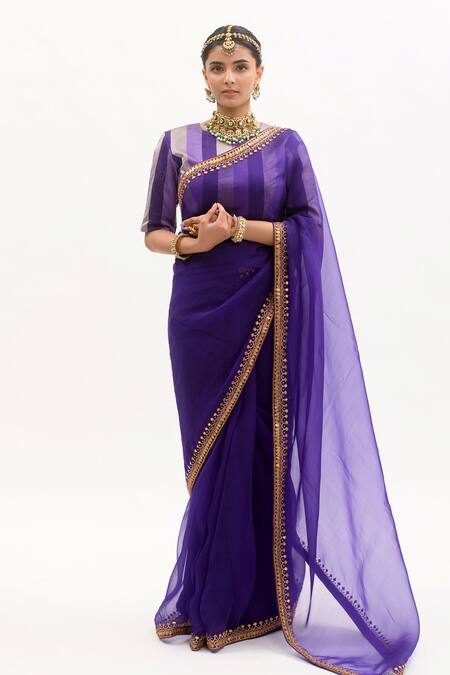 Shop_Aarti Sethia_Purple Handloom Silk, Modal Satin Gota Patti Saree With Blouse _Online_at_Aza_Fashions