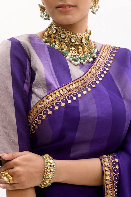 Aarti Sethia_Purple Handloom Silk, Modal Satin Gota Patti Saree With Blouse _at_Aza_Fashions