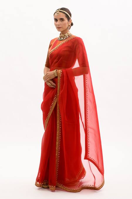 Aarti Sethia_Red Handloom Silk, Modal Satin Lining Gota Patti Saree With Blouse _Online_at_Aza_Fashions