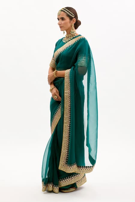Aarti Sethia_Green Habutai Silk, Pure Modal Satin Lining Gota Patti Saree With Blouse _Online_at_Aza_Fashions