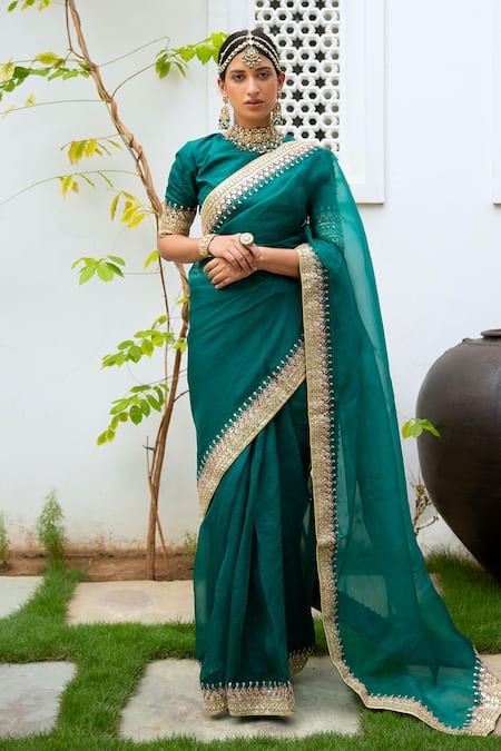 Buy_Aarti Sethia_Green Habutai Silk, Pure Modal Satin Lining Gota Patti Saree With Blouse _Online_at_Aza_Fashions