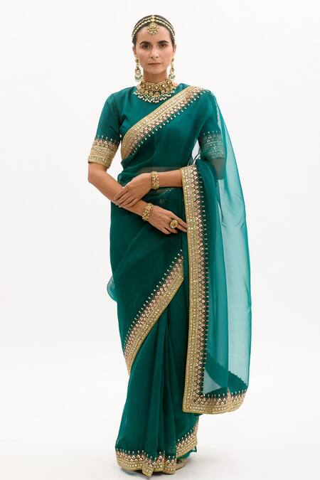 Shop_Aarti Sethia_Green Habutai Silk, Pure Modal Satin Lining Gota Patti Saree With Blouse _Online_at_Aza_Fashions