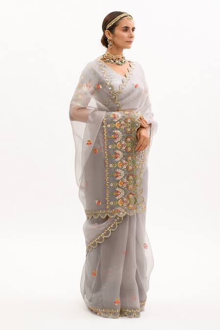 Aarti Sethia Grey Pure Silk Organza Embroidery V Neck Saree With Blouse Online at Aza Fashions Aarti Sethia_Grey Pure Silk Organza Embroidery V Neck Saree With Blouse _Online_at_Aza_Fashions