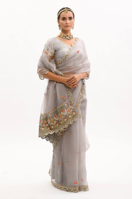 Buy Aarti Sethia Grey Pure Silk Organza Embroidery V Neck Saree With Blouse Online at Aza Fashions Buy_Aarti Sethia_Grey Pure Silk Organza Embroidery V Neck Saree With Blouse _Online_at_Aza_Fashions