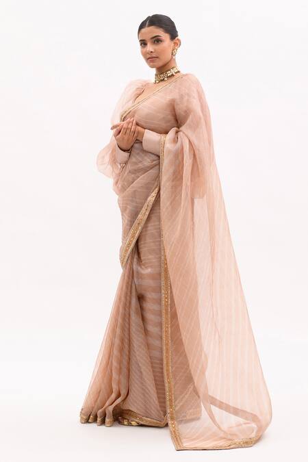 Aarti Sethia_Beige Silk Organza, Kota Tussar Silk, Silk, Leheriya Saree With Blouse _Online_at_Aza_Fashions