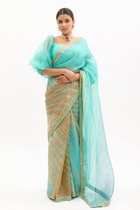 Buy_Aarti Sethia_Blue Pure Kota Tussar Silk Embroidery Sweetheart Neck Leheriya Saree With Blouse _Online_at_Aza_Fashions